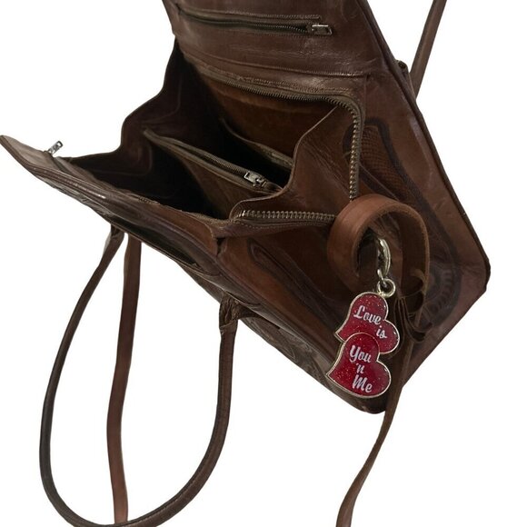 Rare Western Vintage1970 Mexican Tooled Brown Leather Shoulder Bag Tote … - Picture 3 of 11